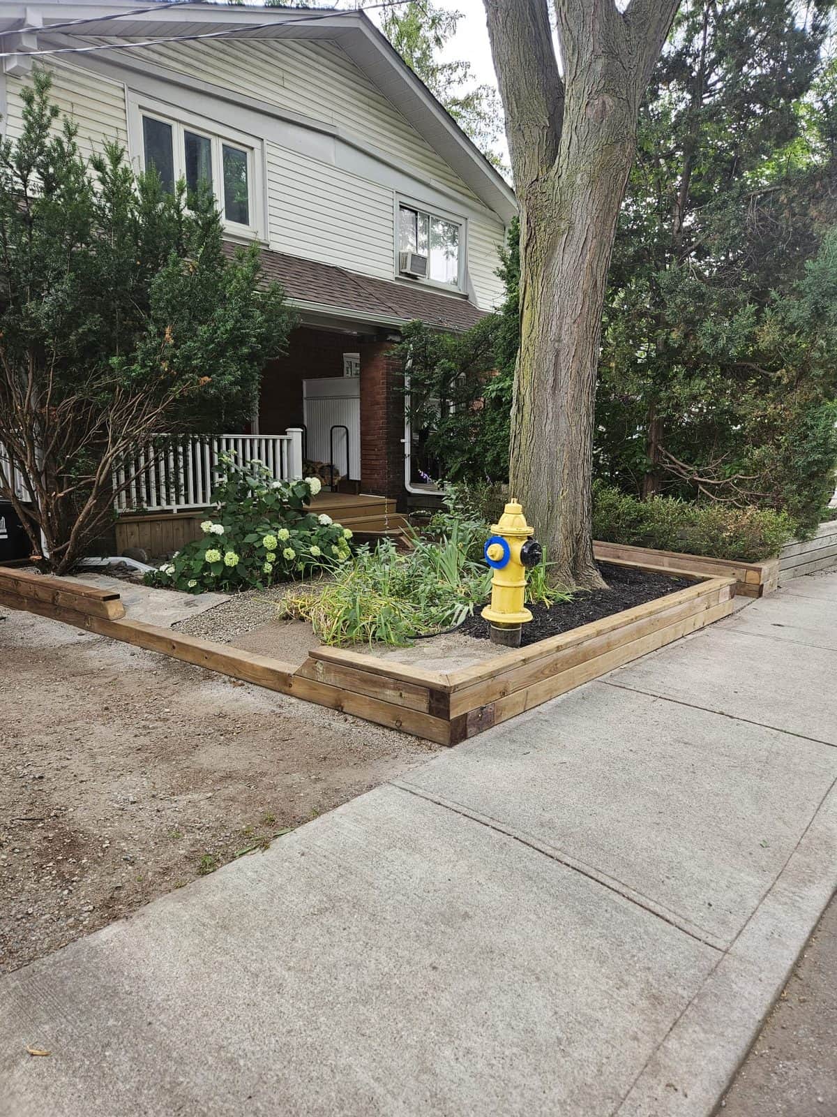 New timber border around a front garden bed beside the sidewalk