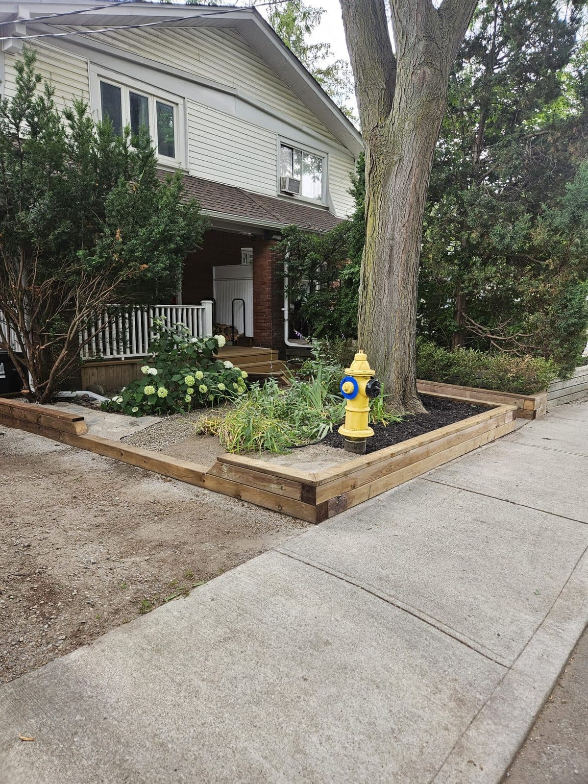 New timber border around a front garden bed beside the sidewalk